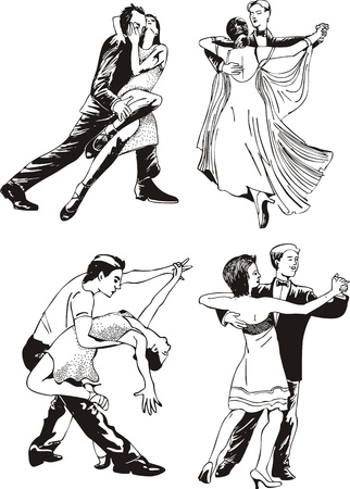 Dancing couples. Set of black and white vector illustrations.のイラスト素材