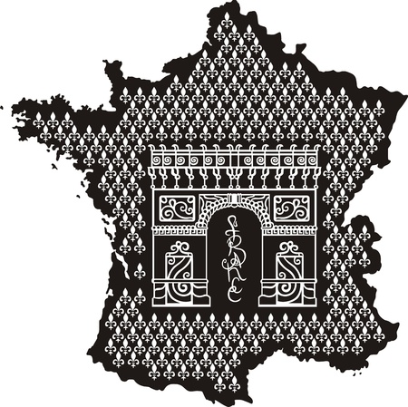 Contour of France with Arc de Triomphe. Black and white vector illustration.のイラスト素材