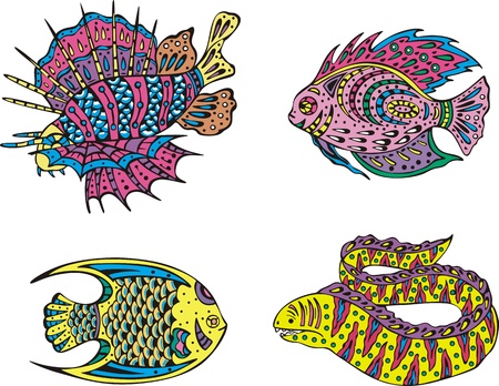 Stylized motley fish. Set of color vector illustrations.のイラスト素材
