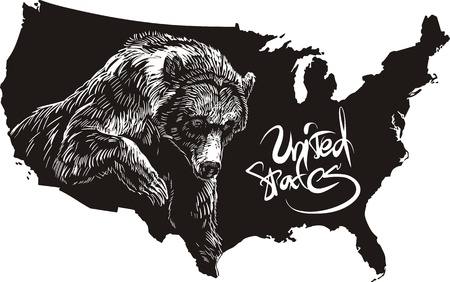 Grizzly bear and U.S. outline map. Black and white vector illustration. Ursus arctos horribilis.のイラスト素材