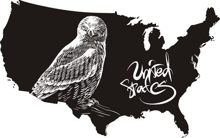 Owl and U.S. outline map. Black and white vector illustration.のイラスト素材