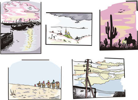 Set of miscellaneous landscapes. Color sketches.