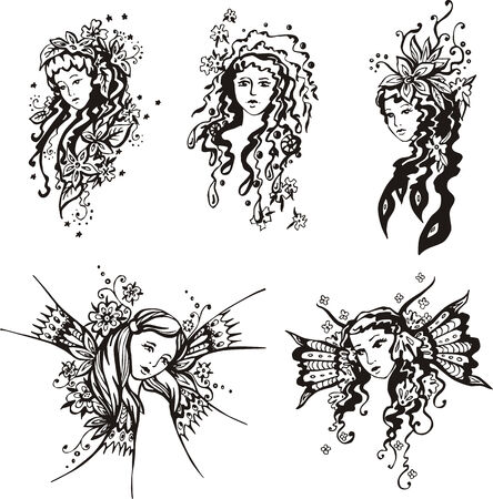 Exquisite fantasy girls. Set of black and white vector illustrations.のイラスト素材