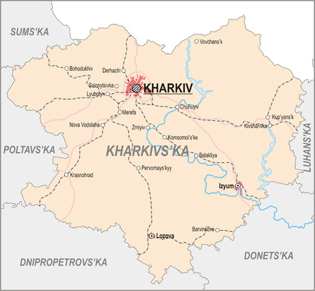 Map of Kharkiv Oblast with major cities and roadsのイラスト素材