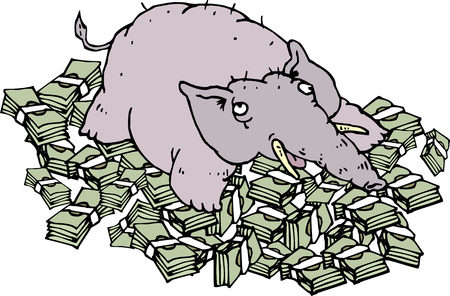 Rich elephant lying on money. Vector cartoon illustration.のイラスト素材