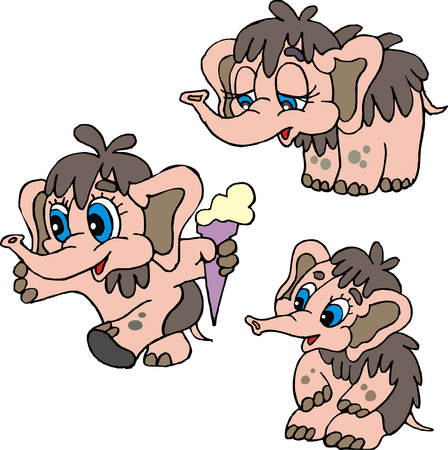 Cute funny little mammoth baby. Set of vector cartoon illustrations.のイラスト素材