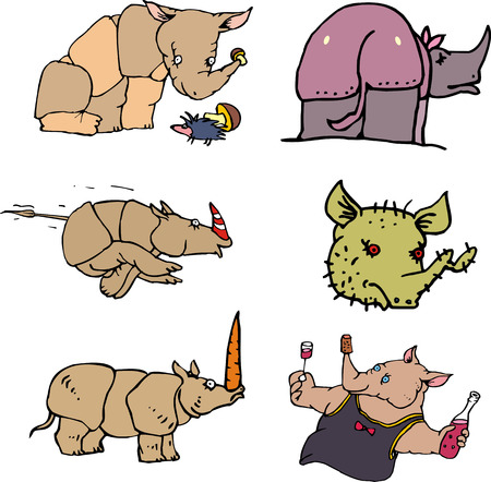 Funny rhinos. Set of vector illustrations in cartoon style.のイラスト素材