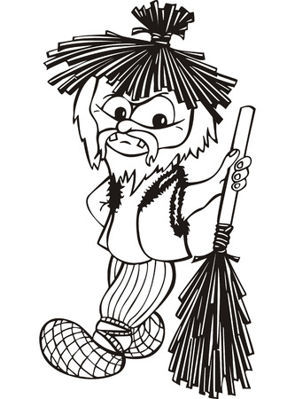 Old boggard with broom. Black and white vector illustration in cartoon style.のイラスト素材