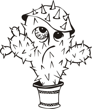 Funny cactus. Black and white vector illustration in cartoon style.のイラスト素材