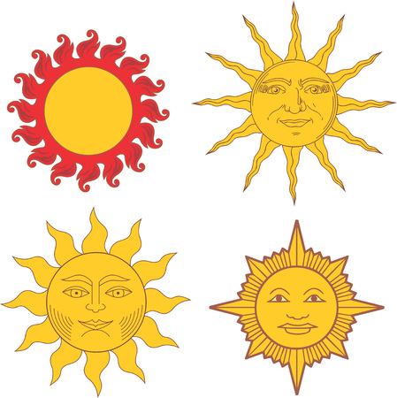 Set of heraldic suns and solar signs. Vector illustrations.のイラスト素材