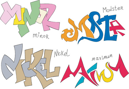 Set of four graffiti sketches - minor, monster, nickel and maximumのイラスト素材