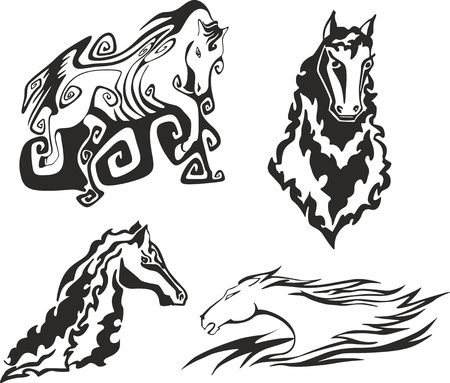 Set of four black and white sketches of horses and steeds for tribal tattoo stencilsのイラスト素材