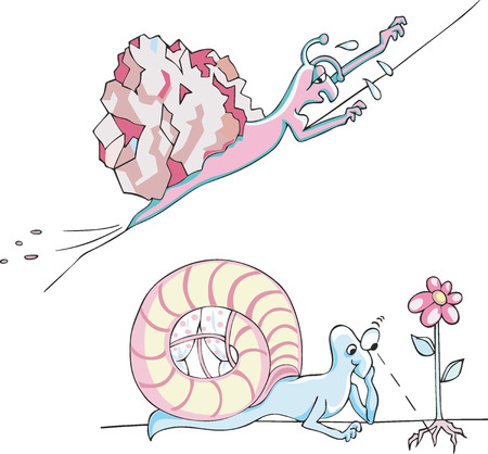 Set of two comic metaphoric snails as a snail dragging a big stone up the hill and a snail as a philosopherのイラスト素材