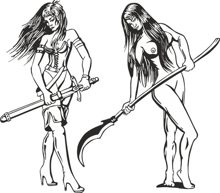 Fantasy set of two sexy amazon women with blades. Mythical lady warriors.のイラスト素材