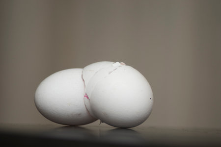 Two eggs on the table in the kitchen. Selective focus.