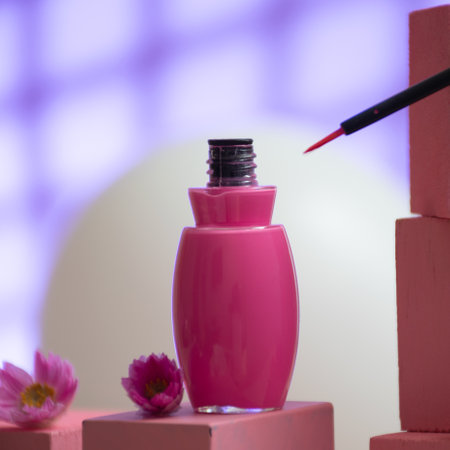 Cosmetic branding, glamor lip gloss and make-up concept - Pink nail polish bottle and brush on podium, close upの写真素材