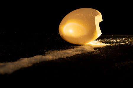 Egg shell on a black background with sand. Shallow depth of field.の写真素材