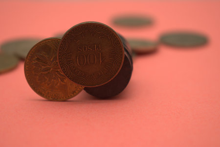 Coins on a pink background. Close-up of coins.の写真素材