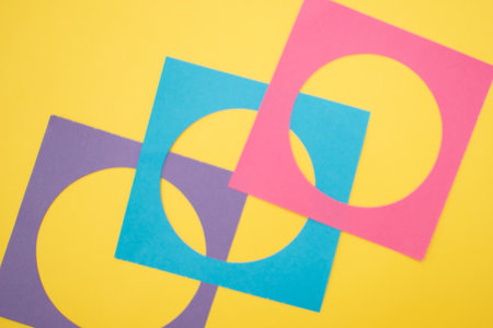 Colorful geometric shapes on a yellow background. Minimalism.の写真素材