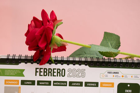 Red rose on a calendar with the date of February 25, 2015の写真素材