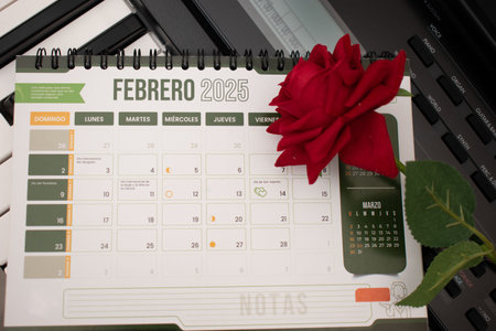 Calendar on desk with red rose, Valentine's day concept.の写真素材