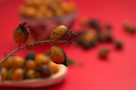 Sea buckthorn berries in a wooden bowl on a red background