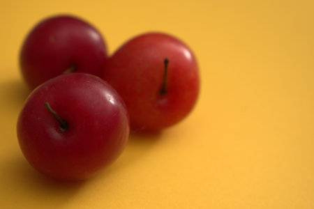 Three red plums on a yellow background. Selective focus, shallow depth of field.の写真素材