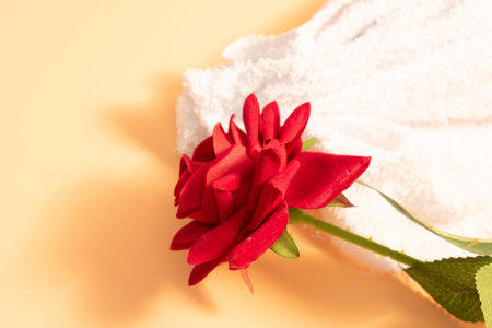 towel and red rose on a yellow background with copy spaceの写真素材