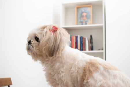 White Shih Tzu dog on the background of the bookcaseの写真素材