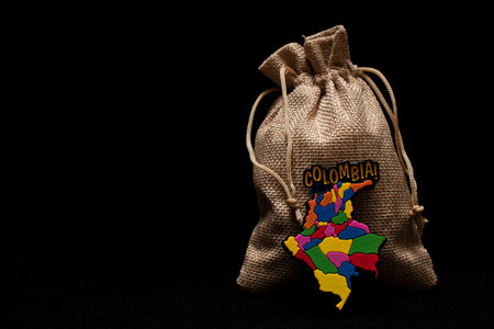 Map of Colombia in a Bag of Burlap on a Black Backgroundの写真素材