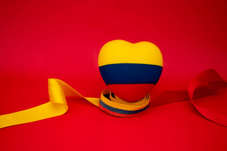 Heart with the flag of Colombia and ribbon on a red background.の写真素材