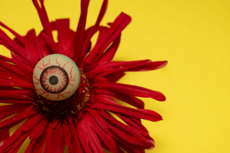 Eye on a red daisy on a yellow background.の写真素材