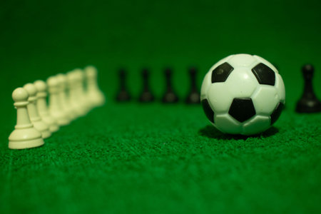 Black and white chess on the green grass with a soccer ballの写真素材
