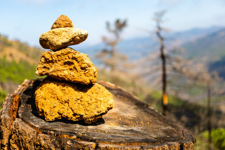 Stones stacked on top of each other on a tree stump.の写真素材