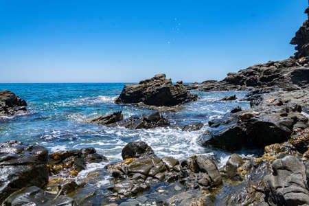 Tropical coast with stones and sandの写真素材