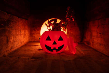 Creepy and terrifying halloween scene. Orange pumpkin, dry grass and a red moon or circular light...