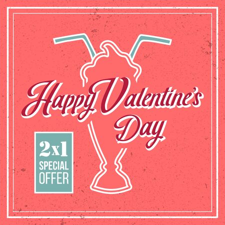 Valentines Day special offer for romantic date concept. Illustration of pink strawberry ice cream milkshake with two straws. Hand Letteringのイラスト素材
