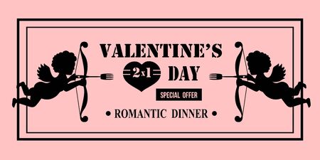 Valentines Day coupon Special Offer card with Silhouettes of Cupid with a fork. Romantic dinner illustration for restaurant. Pink backgroundのイラスト素材
