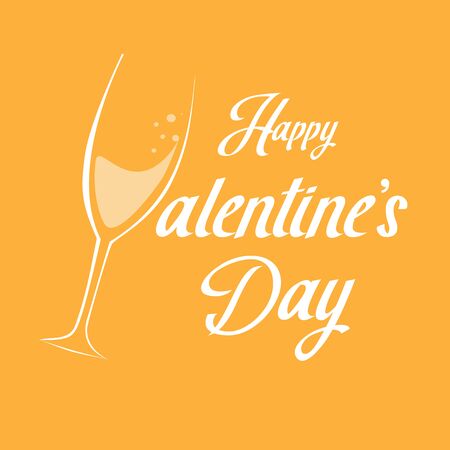 Happy Valentine's Day hand lettering typography card. Handwritten calligraphy text with glass champagne and yelow gradient backgroundのイラスト素材