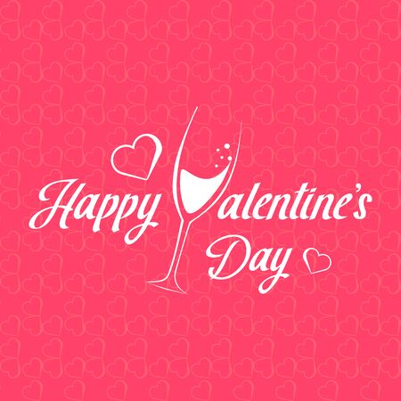 Happy Valentine's Day hand lettering typography card. Handwritten calligraphy text with glass champagne, hearts and pink backgroundのイラスト素材
