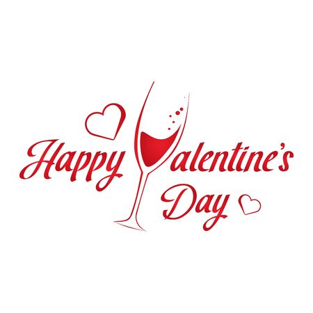 Happy Valentine's Day hand lettering typography card. Handwritten calligraphy text with glass champagne isolated in white backgroundのイラスト素材