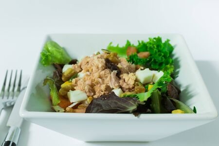 Salad for dinner in white bowlの写真素材