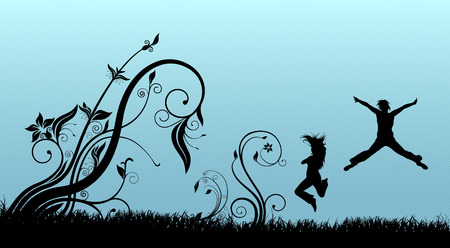 jumping people with floral background のイラスト素材