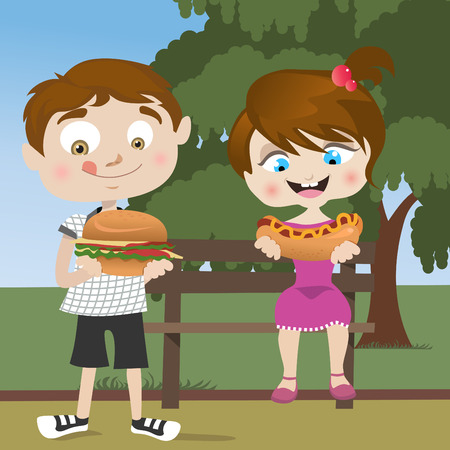 kids eating fast food のイラスト素材