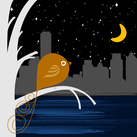 bird with night city のイラスト素材