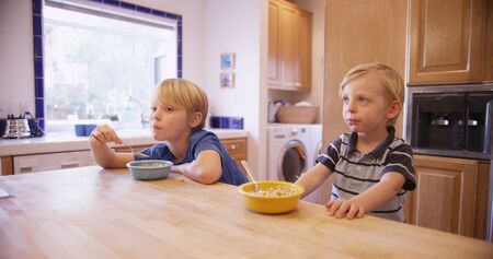 Two young handsome brothers eating cereal together.の写真素材