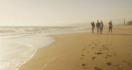 Group of friends walking on the beach together