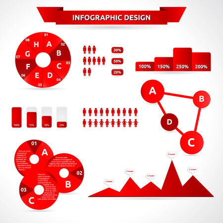 Infographic design | abstract template | color red | options graphs labels ribbons icons | business setのイラスト素材