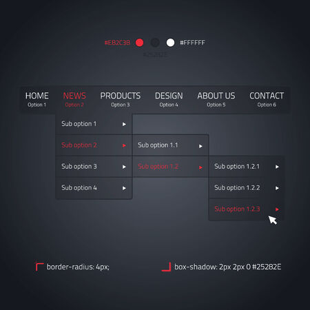 Horizontal dropdown menu - transparent website element - dark and redのイラスト素材