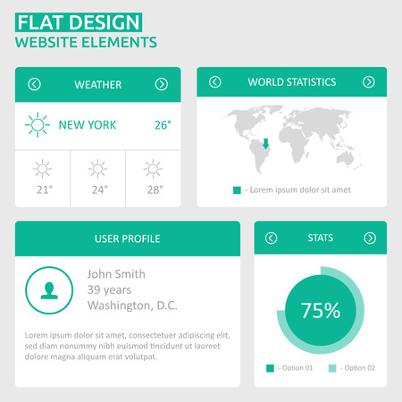 Flat UI design website elements - world map, user profile, stats, weatherのイラスト素材